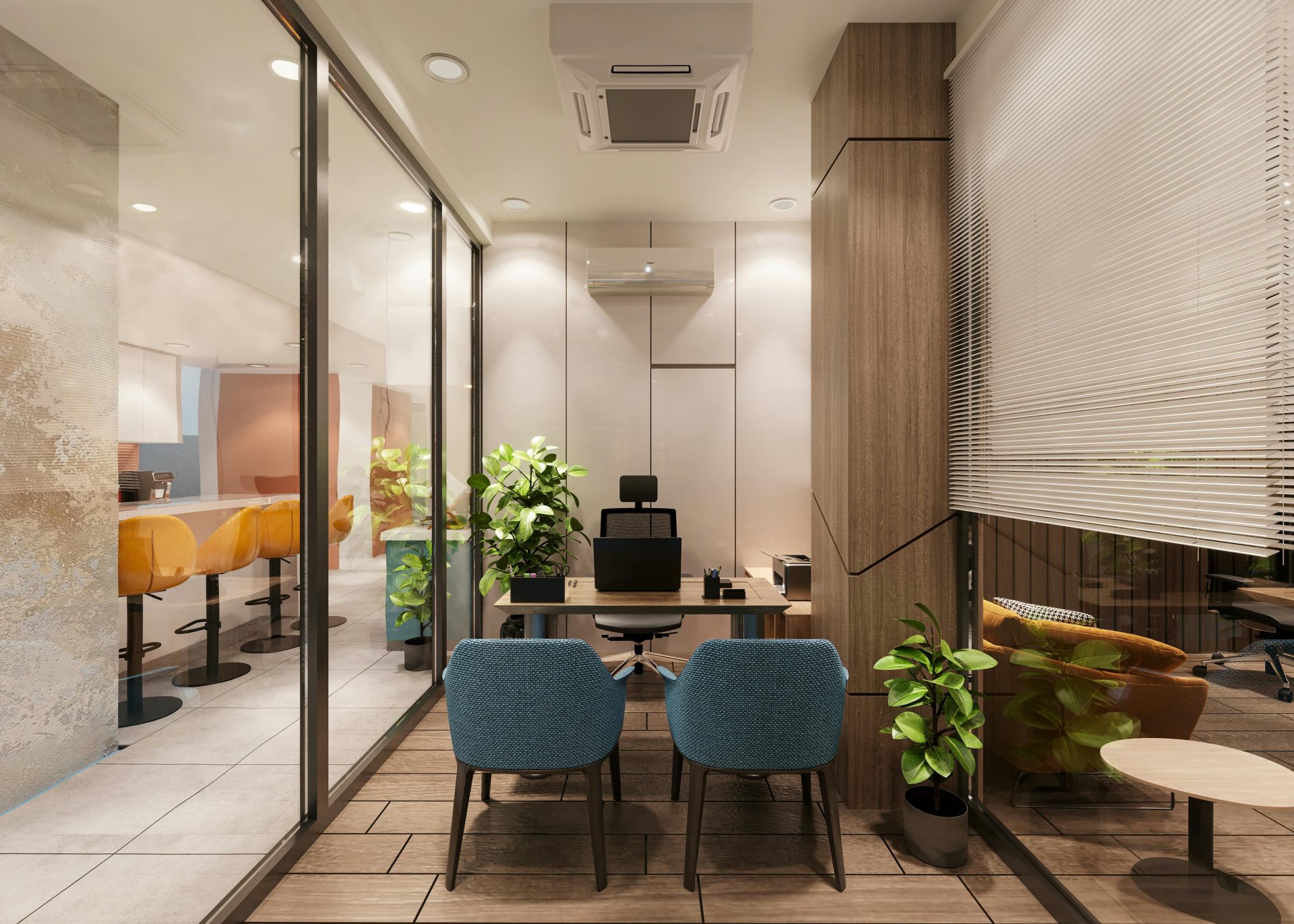 A stylish, modern office interior featuring a meeting area with blue chairs and wooden accents.